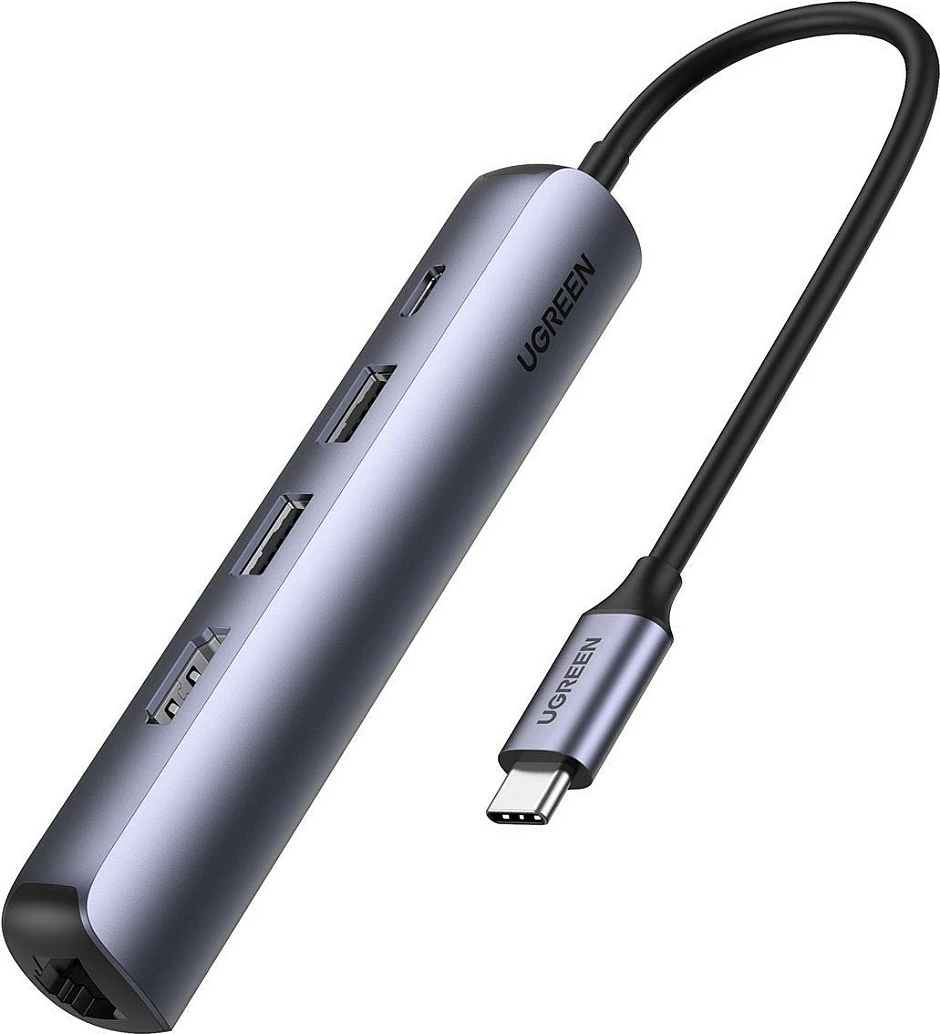 Hub USB-C Ugreen 5-në-1, HDMI, 3x USB-A, Ethernet, gri