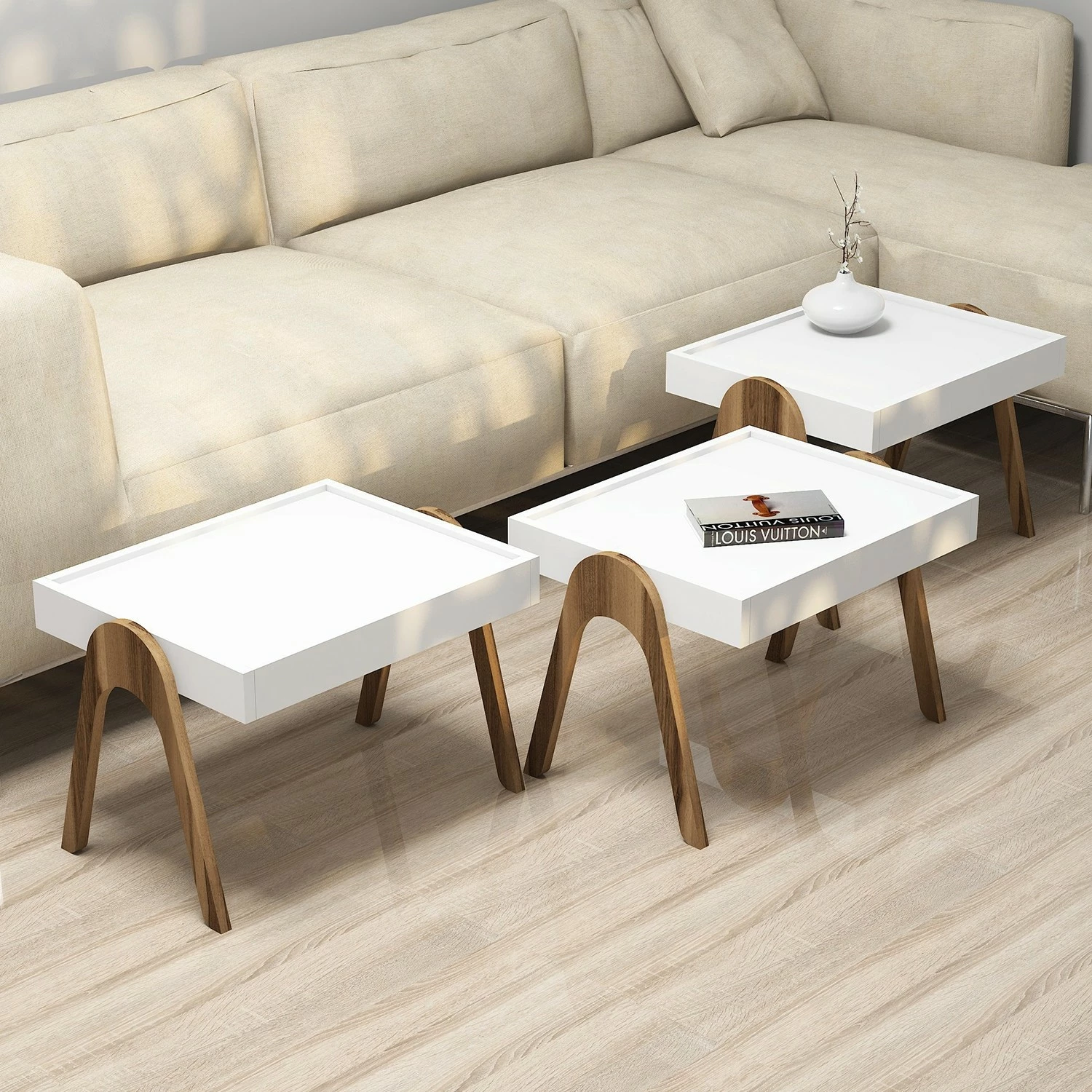 Set tavolinash ndihmëse, 3 copë, Hanah Home Roma, ngjyrë arre dhe e bardhë