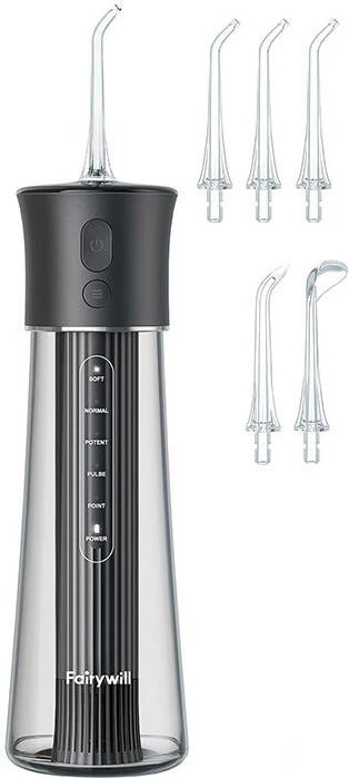 Irrigator dhëmbësh FairyWill F30, portativ, 260 ml, 5 mënyra pune, i zi, me 6 koka