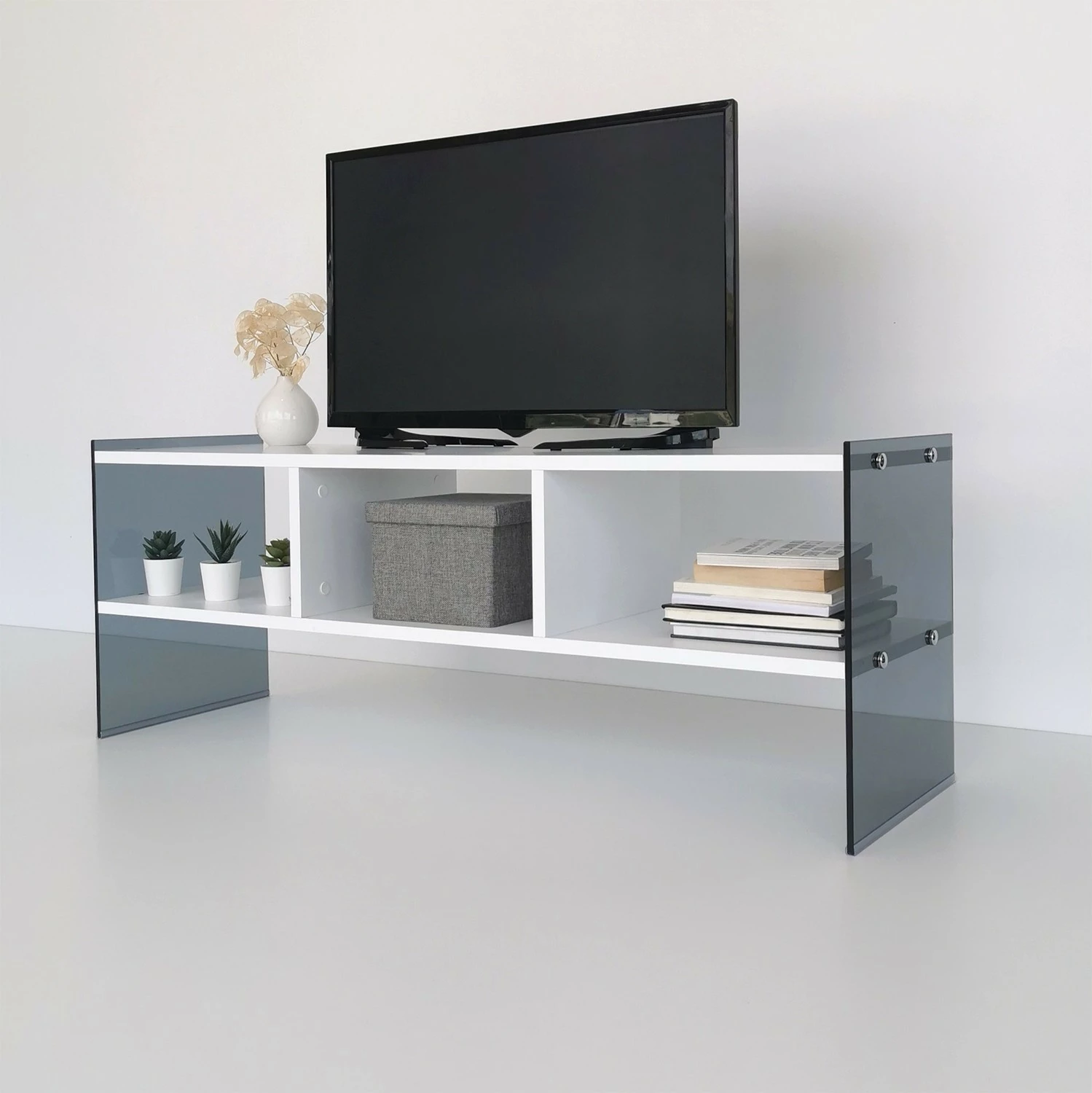Komodë TV Skye Decor, TV401, e bardhë dhe fume