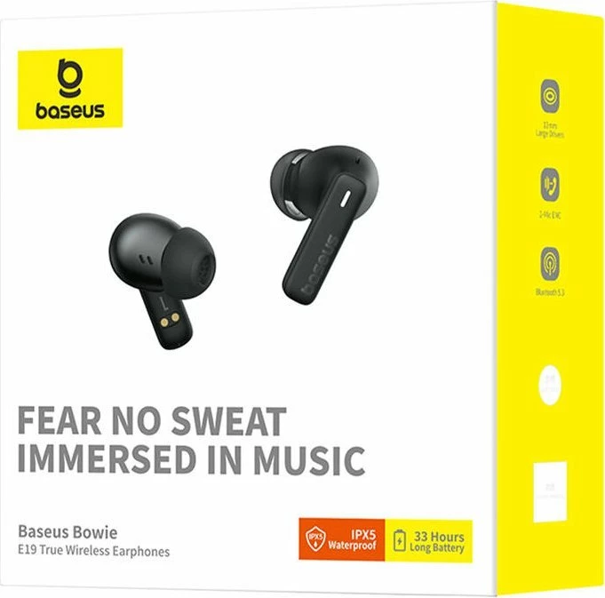 Kufje Baseus Bowie E19 TWS Bluetooth 5.3, 33h, IPX5, me mikrofon, të zeza, me kuti karikimi