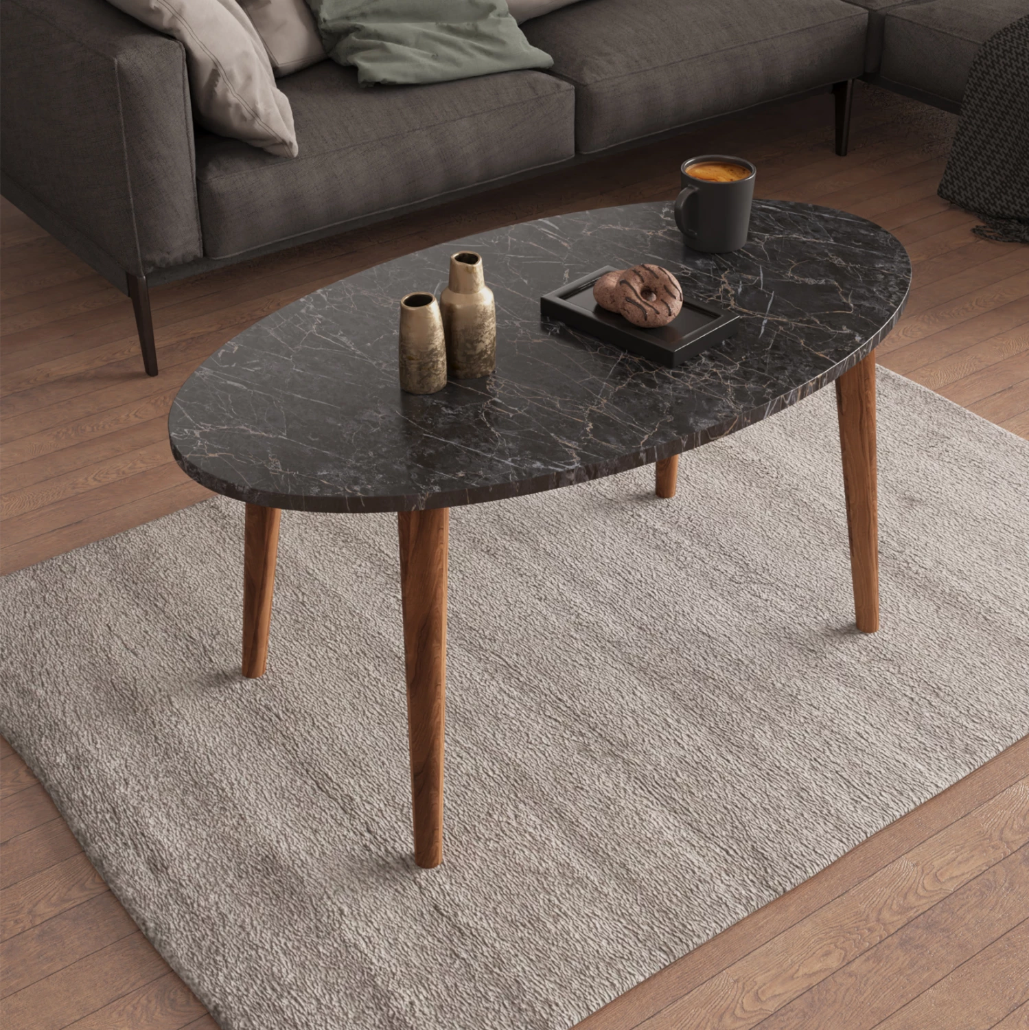 Set tavolinash kafeje dhe 3 tavolina anësore VITAL FH18180.02 melaminë, ngjyrë mermeri të zi, këmbë druri ngjyrë arre