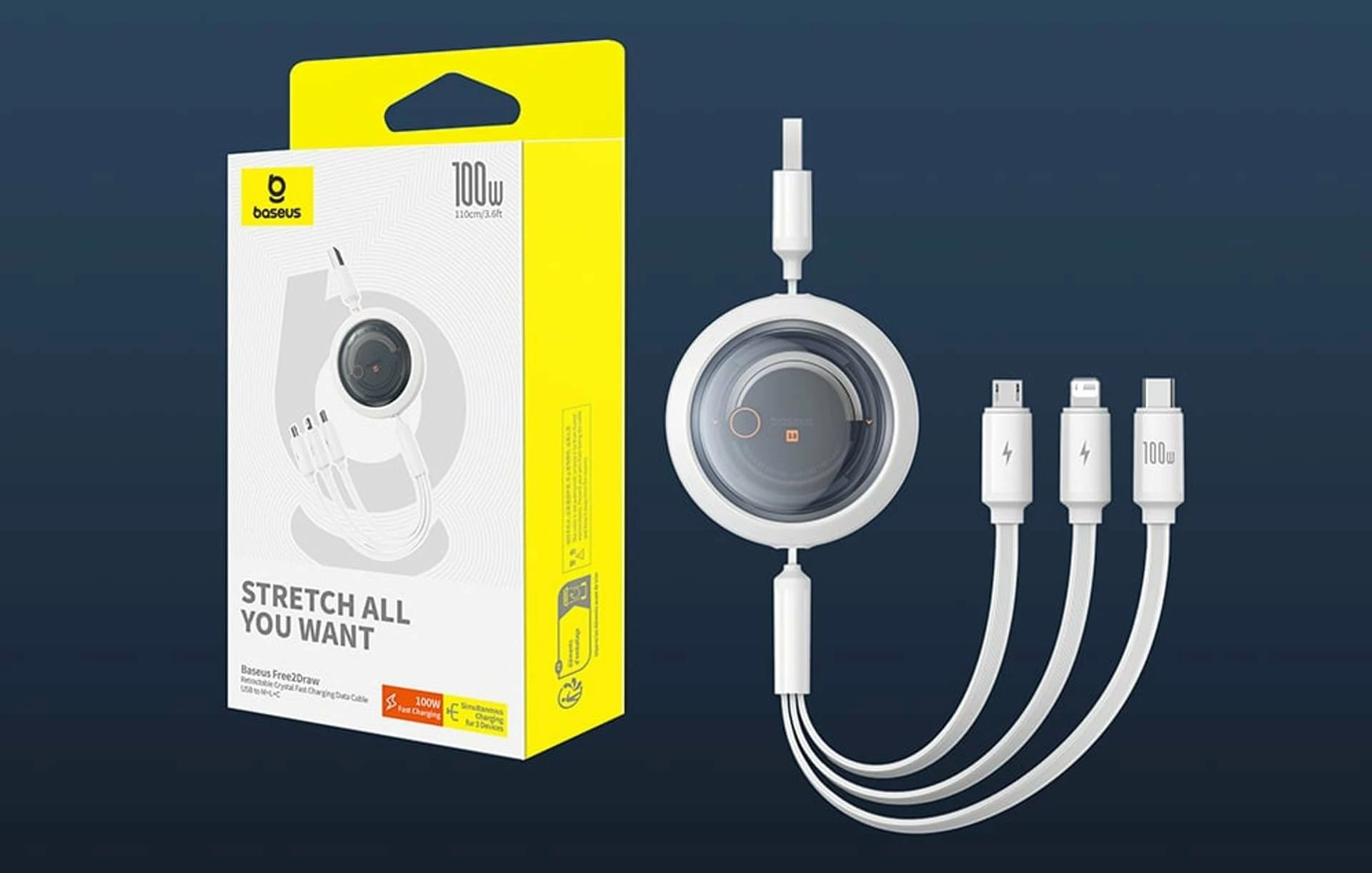 Kabllo USB-A në USB-C + microUSB + Lightning Baseus Free2Draw 1.1 m 100W e rrotullueshme White