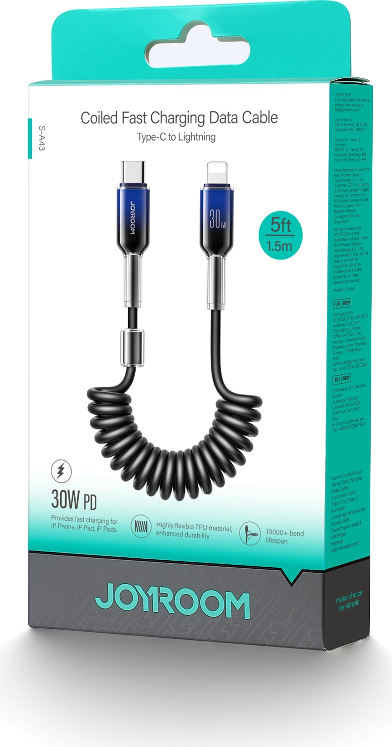 Kabllo spiral Joyroom S-A43 Crystal-Clear Series, 1.5m, USB-C në Lightning, 30W, e zezë