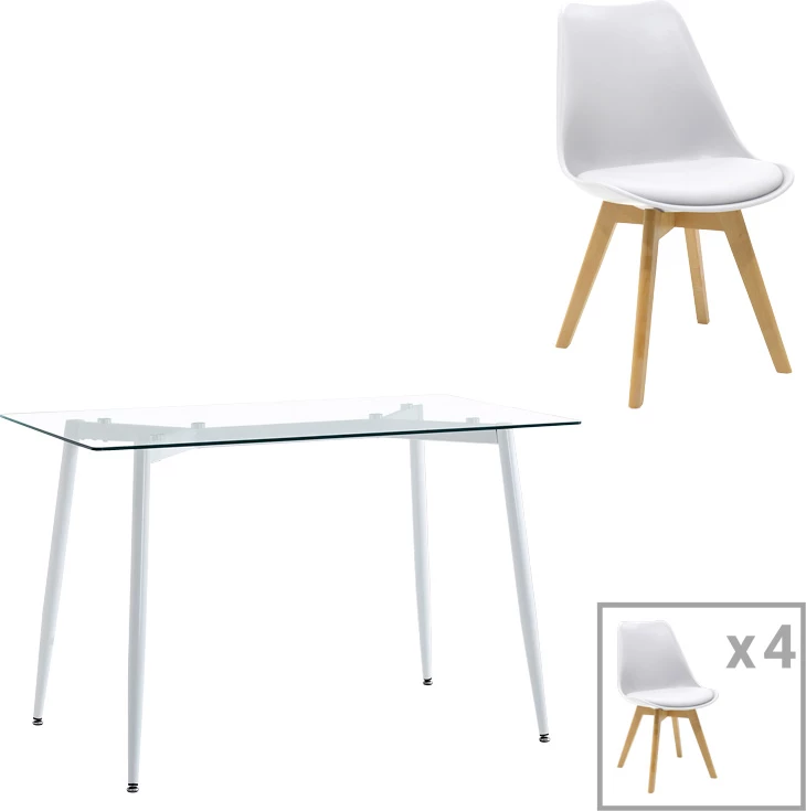 Tavolinë me karrige QUANA-GASTON, xham transparent 8mm, e bardhë-natyrale, set 5 copë, 120x70x75cm