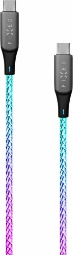 Kabllo USB-C në USB-C Fixed FIXDLED-CC-RA 1.2 m 60W PD me RGB, Multicolor, me shirit velcro + organizues vetëngjitës