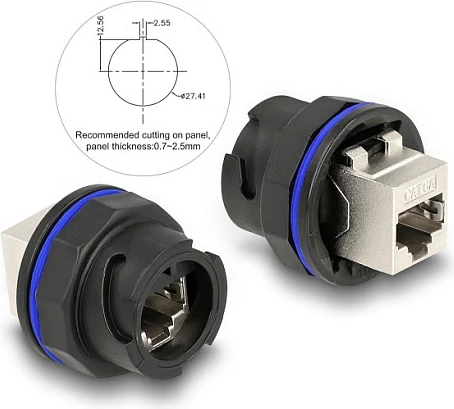 Kupler i integrum RJ45 DeLOCK Cat.6A, femër-femër, S/UTP, i zi/metalike