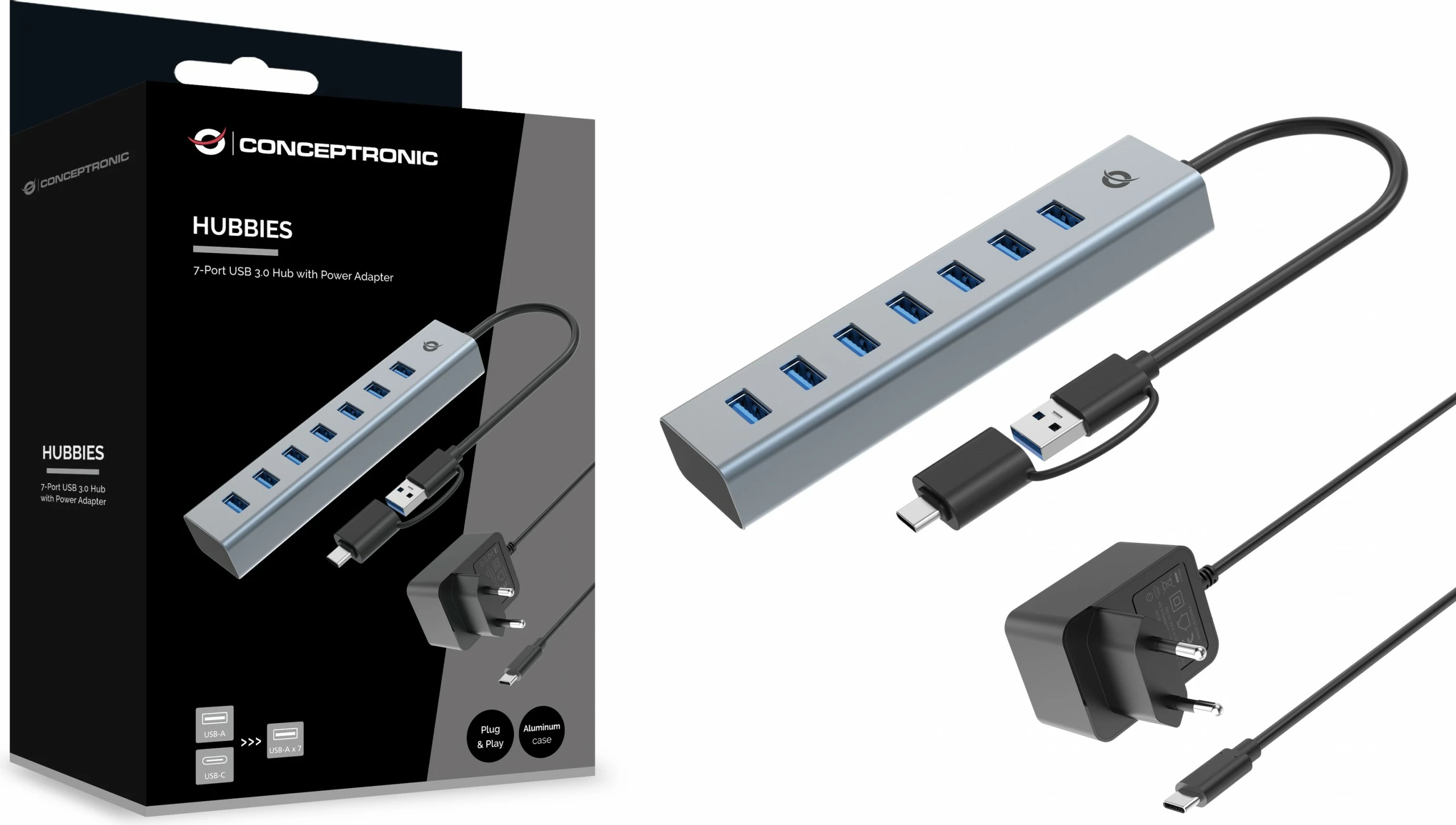 Hub USB 7-portësh Conceptronic, USB-A 3.0/USB-C, me adapter, gri
