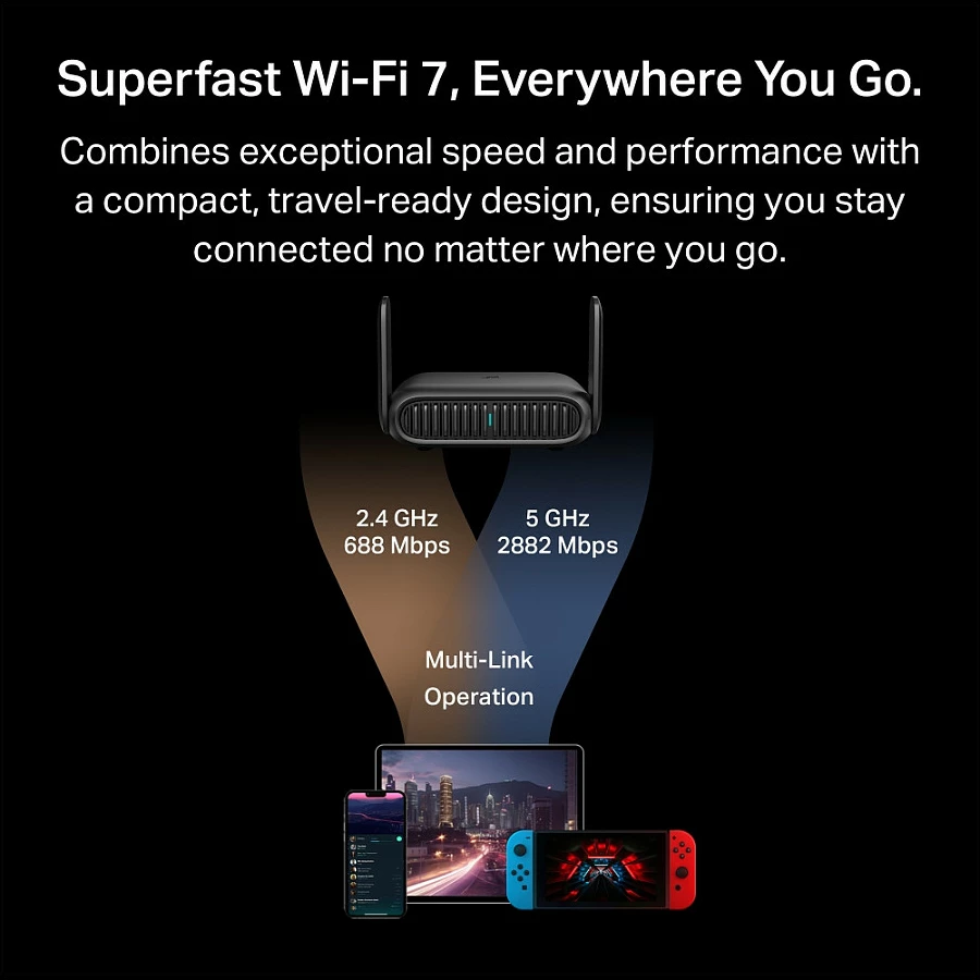 Router portativ TP-Link TL-WR3602BE BE3600, Wi‑Fi 7 dual-band, 2.5GbE, USB 3.0, i zi