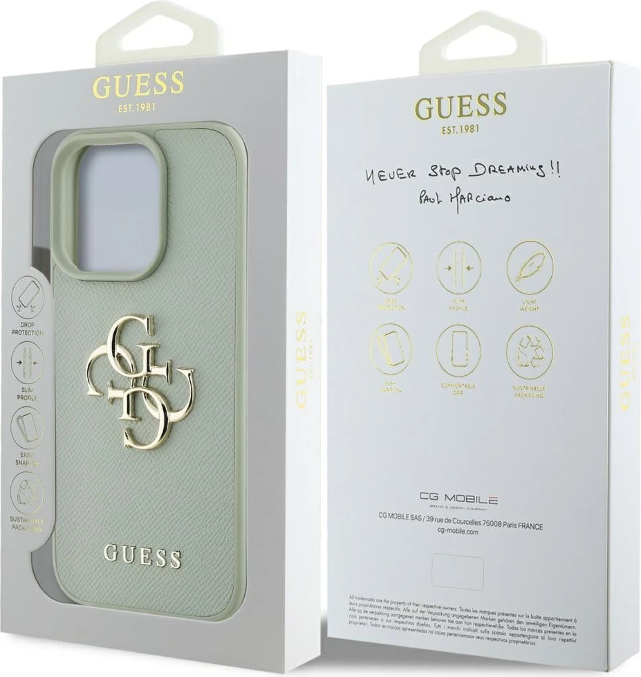 Mbështjellës Guess Grained Big 4G Logo Small Classic Logo për iPhone 16 Pro Max, Gjelbër