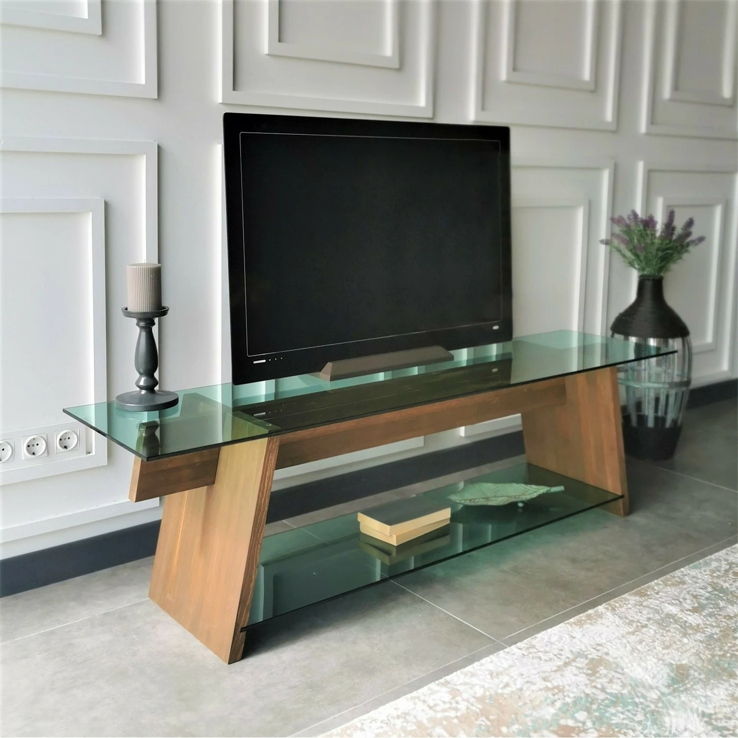 Komodë TV Hanah Home, TV202, ngjyrë arre dhe e gjelbër, xham i temperuar, 158x45x40cm