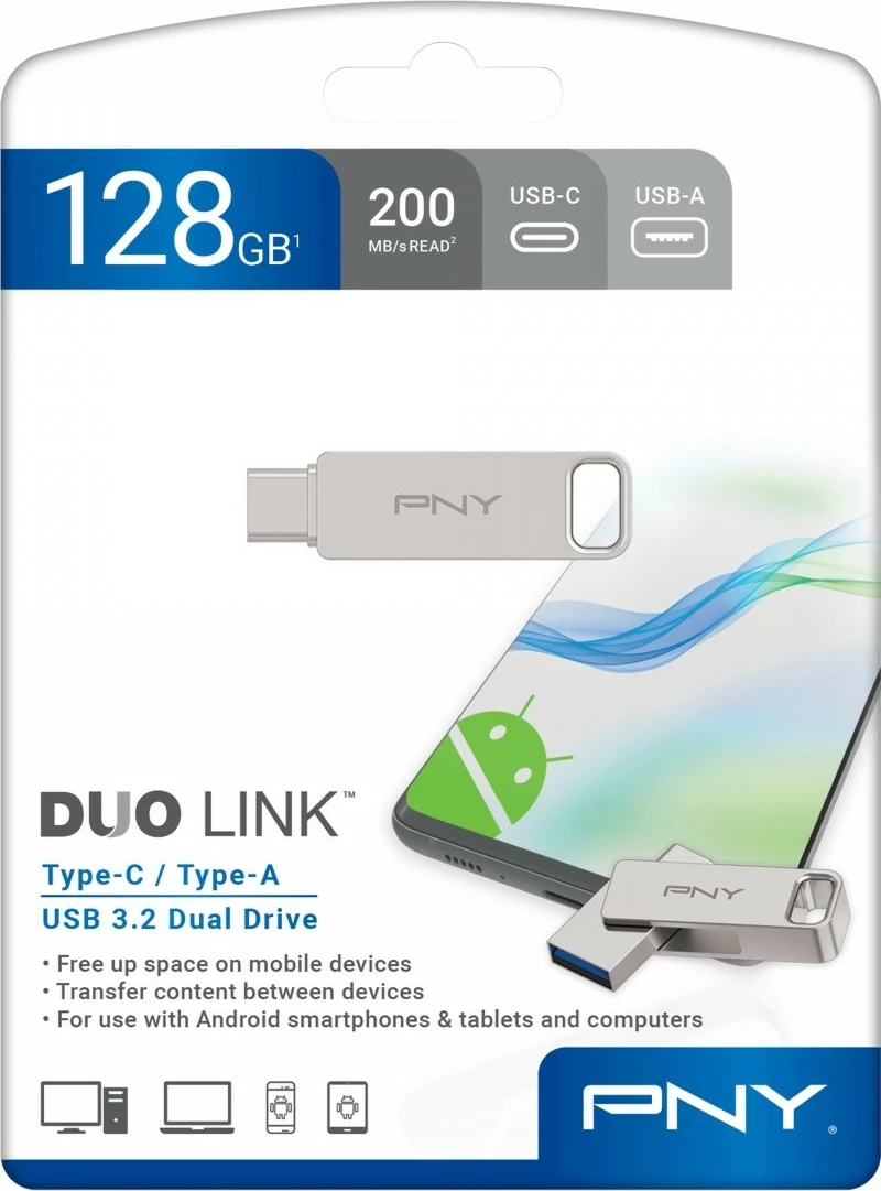 Pendrive PNY DUO LINK P-FDI128DULINKTYC-GE, 128GB, USB 3.2, Argjend