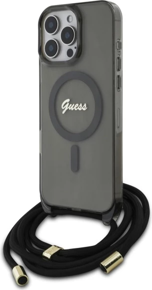 Mbështjellës Guess Crossbody Cord Script MagSafe për iPhone 16 Pro, i zi