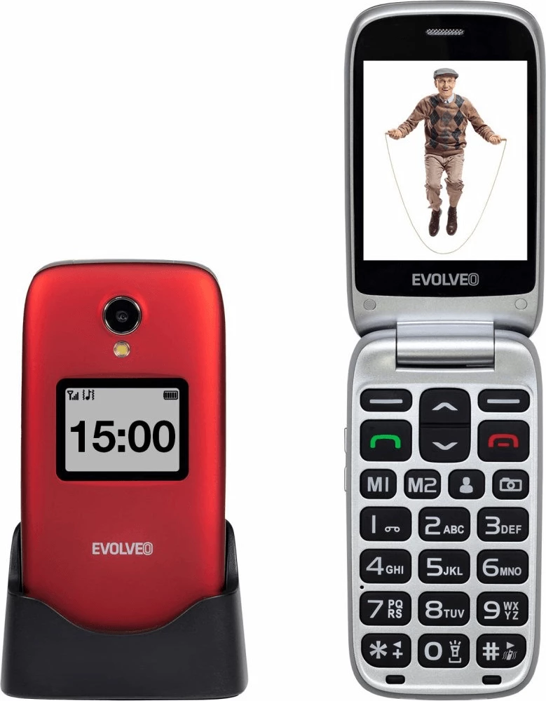 Telefon me kapak Evolveo EasyPhone FS EP-771 4G ekran 2.8\" SOS GPS/WiFi/GSM sensor rënie ekran dytësor, i kuq, set me stacion karikimi