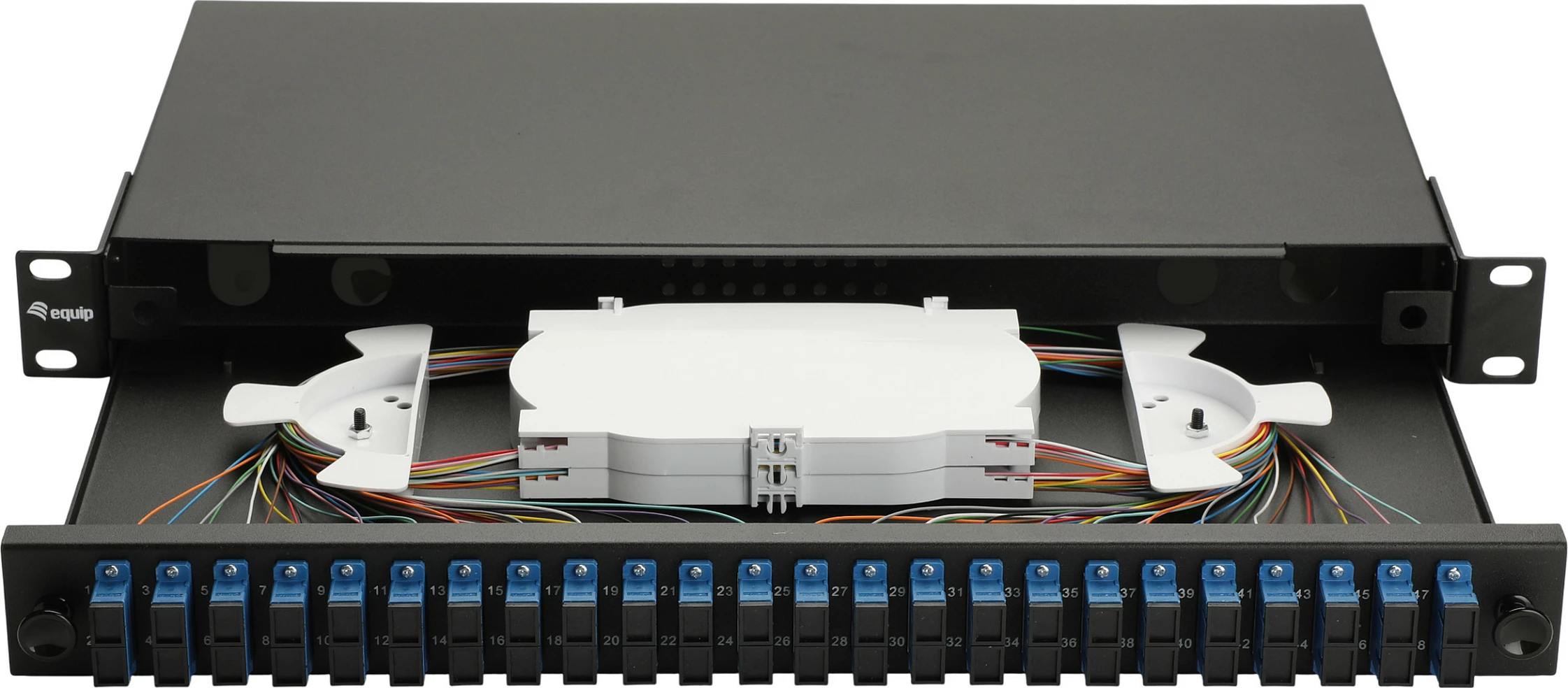 Kuti splice fiber optik Equip 337310, 24-Port SC Duplex, OS2, 1U rack, e zezë