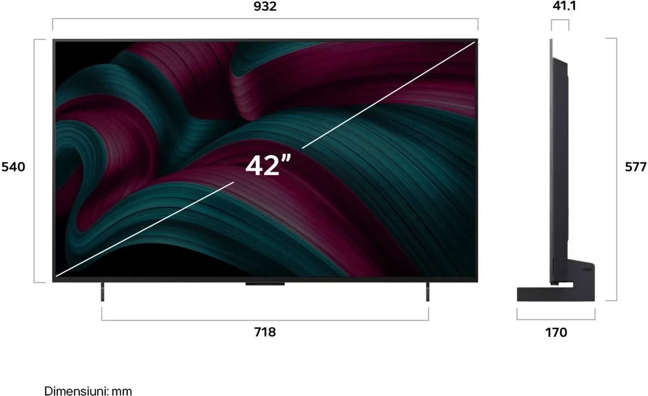 Televizor OLED, LG, OLED42C51LA, 42" 4K UHD 120Hz, webOS, Dolby Vision/Atmos, α9 AI Gen8, Wi‑Fi 6, Smart
