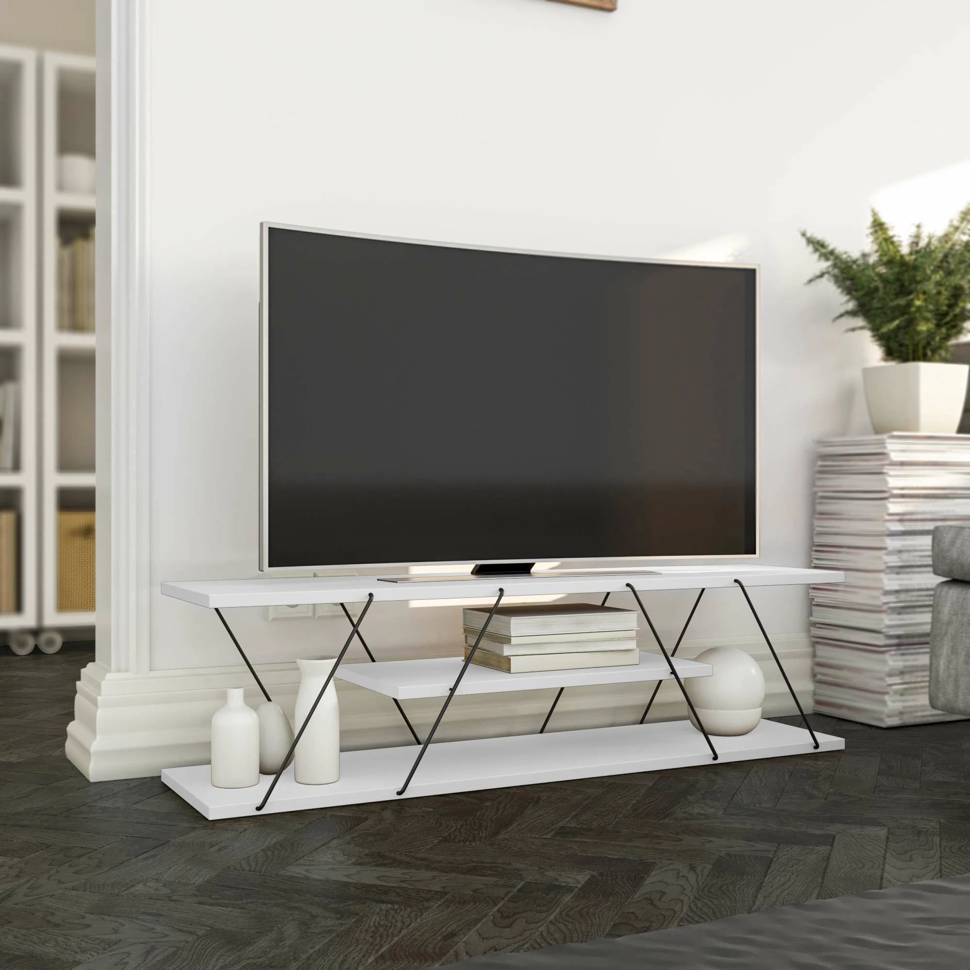 Komodë për TV Hanah Home, Canaz v2, e bardhë dhe e zezë