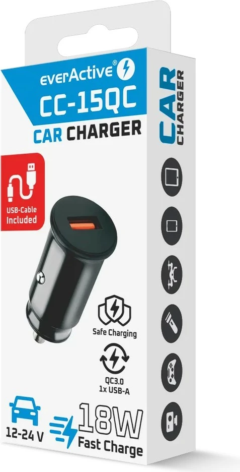 Karikues veture everActive CC-15QC Quick Charge 3.0 18W, 1x USB-A + kabllo USB-C 1m, i zi