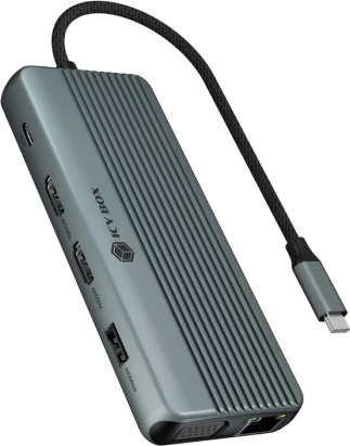 stacion docking USB-C ICYBOX IB-DK4062-CPD 12-në-1, triple video (2x HDMI 4K + VGA), PD 100W, Ethernet Gigabit, lexues SD/microSD, gri