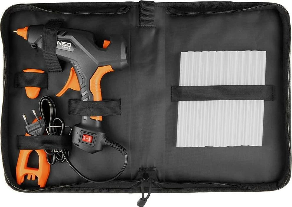 Pistoletë ngjitëse termike Neo 17-100 100 W, 11 mm, set 12 shkopinj + 3 mbrojtëse gishti + këllëf, e zezë/portokalli