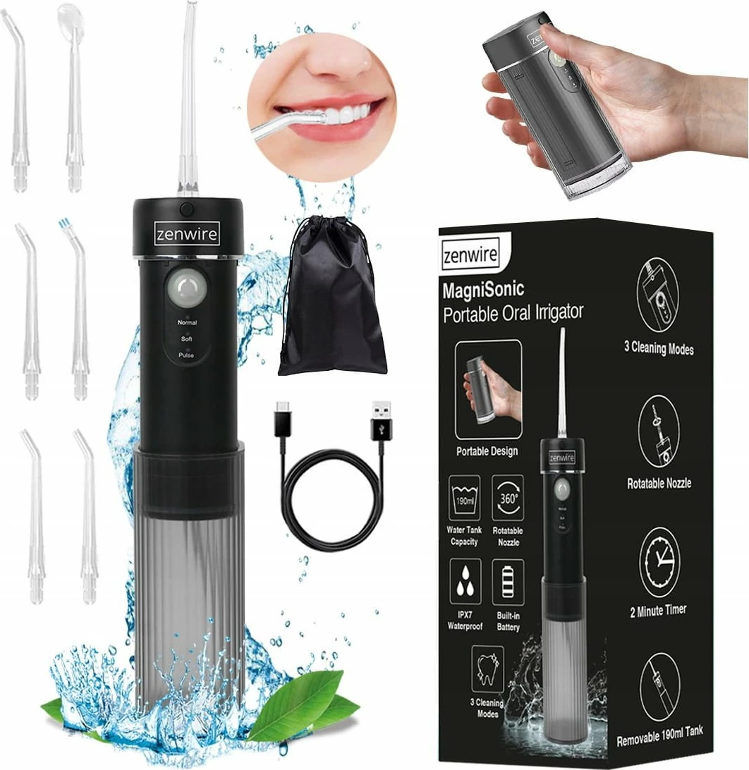 Irigator dentar portativ pa kabllo Zenwire WF309, 190 ml, 3 moda, IPX8, me 6 gryka, i zi