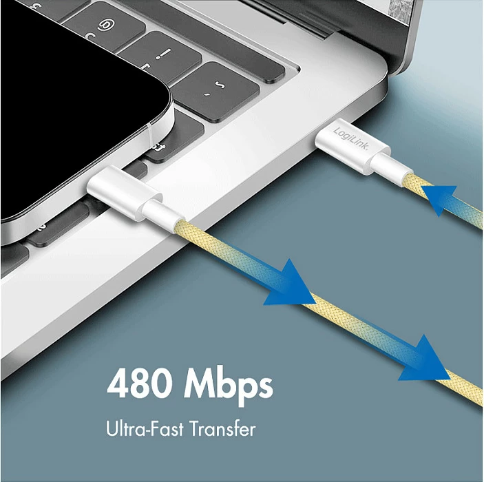 Kabllo USB-C LogiLink, USB 2.0 C në C, 1 m, 60W, 480 Mbps, najlon, e verdhë