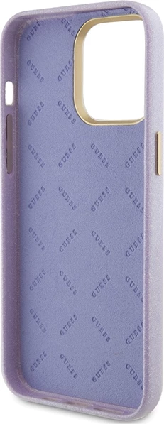 Mbështjellës Guess Glitter Glossy Script për iPhone 15 Pro, vjollcë