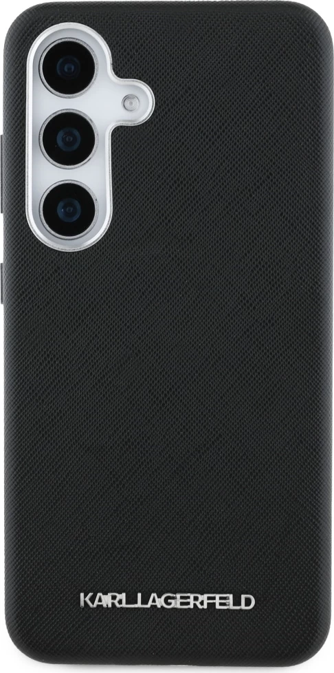 Mbështjellës Karl Lagerfeld Saffiano Full Wrapped Elongated Metal Logo MagSafe për Samsung Galaxy S25+, i zi