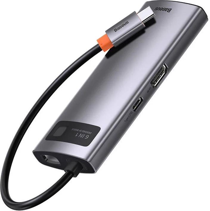 Kasë Baseus Metal Gleam Series CAHUB-CW0G, 6-në-1, USB-C në 3x USB 3.0 + HDMI + USB-C PD + Ethernet RJ45, Gri