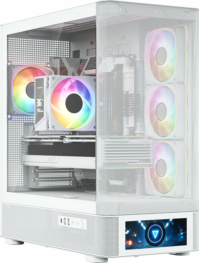 Kasë Modecom Volcano AQ500 ARGB MC-A-AQ500-4FA-W, Midi Tower, LCD ekran, 4x120mm ARGB ventilatorë, ATX/mATX/ITX, USB-C, e bardhë