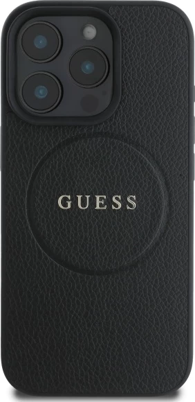 Mbështjellës Guess Grained Gold Ring MagSafe për iPhone 16 Pro Max, i zi