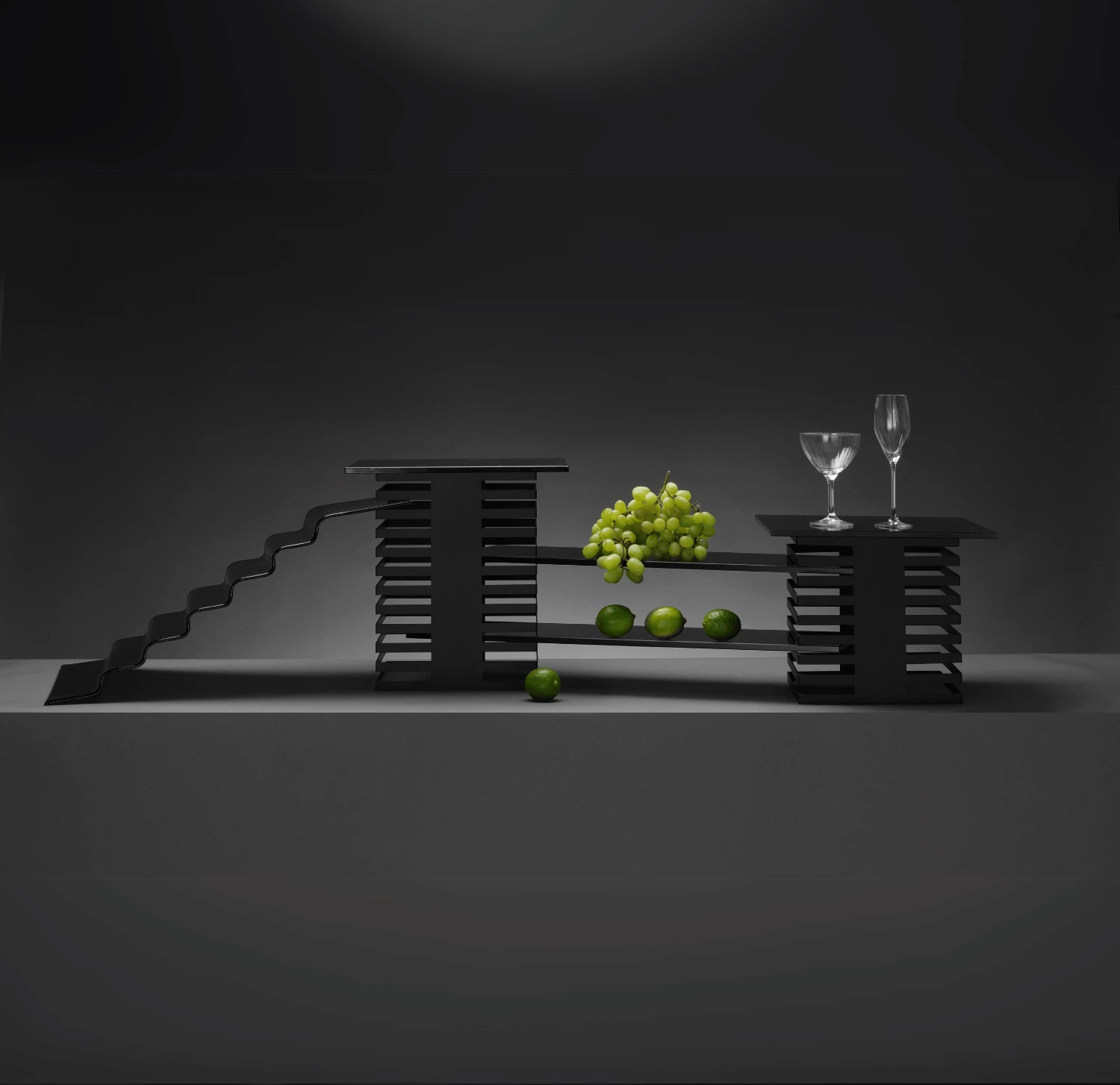 Shkallë bufeti xhami, Fine Dine Vetro 6‑shkallëshe, 600x455x240 mm, trashësi 5 mm, e zezë