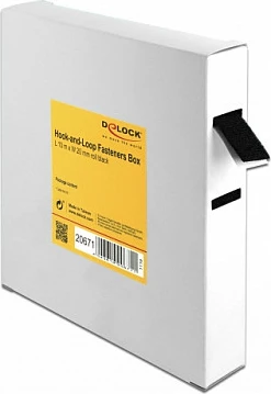 Shirit Velcro DeLOCK 10 m x 20 mm, me kuti dispensuese, i zi