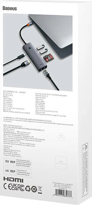 Hub USB-C 7-në-1, Baseus UltraJoy B00052805813-00, HDMI 4K@60Hz, 2x USB 3.0 5Gbps, RJ45 1Gbps, SD/TF, PD 100W, gri