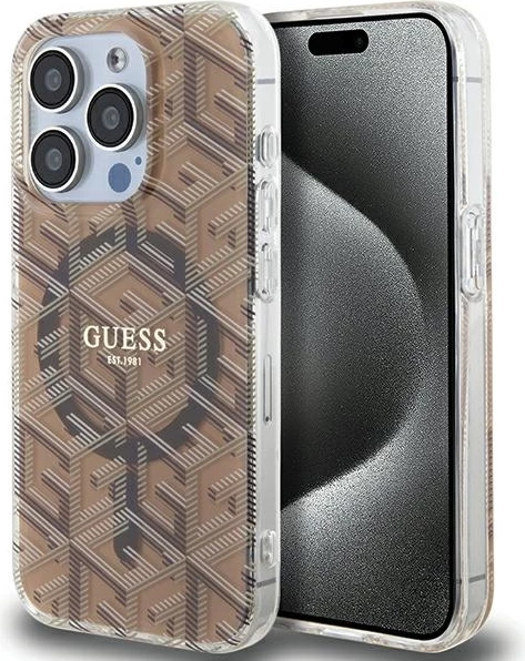 Mbështjellës Guess IML GCube MagSafe për iPhone 15 Pro Max, kafe