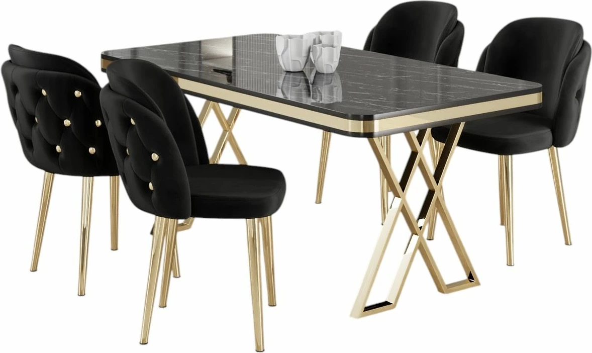 Tavolinë me karrige, 5 copë, Skye Decor Rigel, mermer i zi, ar, e zezë