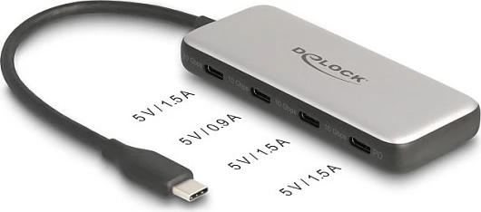 Hub USB-C DeLOCK, 4x USB-C, 10 Gbps, PD 85W, kabllo 15cm, zi/gri