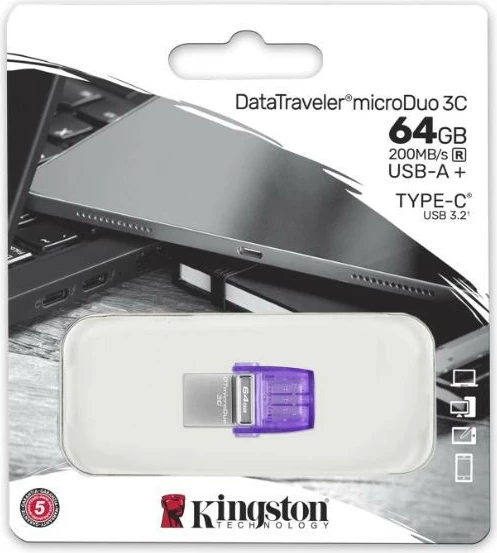 Pendrive Kingston DataTraveler MicroDuo 3C G3, 64GB, USB-A/USB-C, Gri/Vjollcë