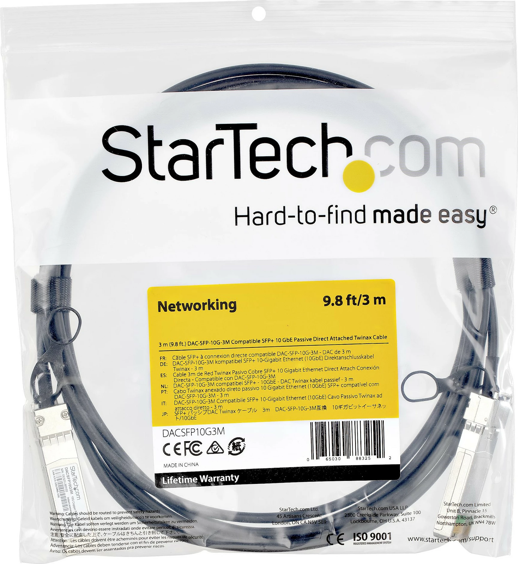 Kabllo DAC SFP+ StarTech DACSFP10G3M, 3m, 10GbE, e zezë