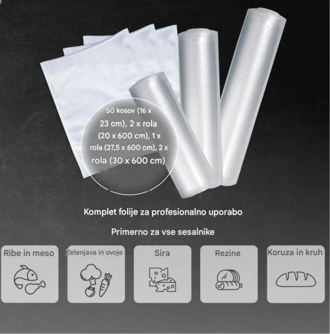 Set qese vakumi dhe role folie CASO Complete Foil 5 1237, 50x 16×23 cm + 5 role (2x 20×600 cm, 1x 28×600 cm, 2x 30×600 cm), BPA-free, transparent