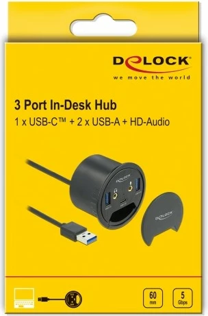 USB hub DeLOCK 3 porta, 1x USB Type-C, 2x USB Type-A, HD-Audio, e zezë