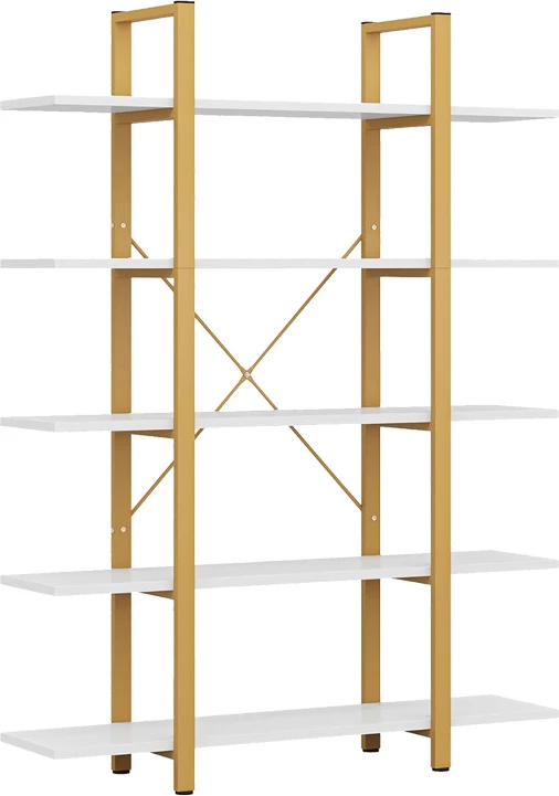 Raft librash Esthon, përfundim mermeri të bardhë, metal i artë, 120x28x180cm