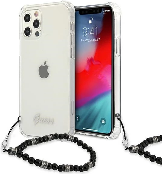 Mbështjellës Guess GUHCP12LKPSBK për iPhone 12 Pro Max 6.7", Transparent, me varëse Black Pearl