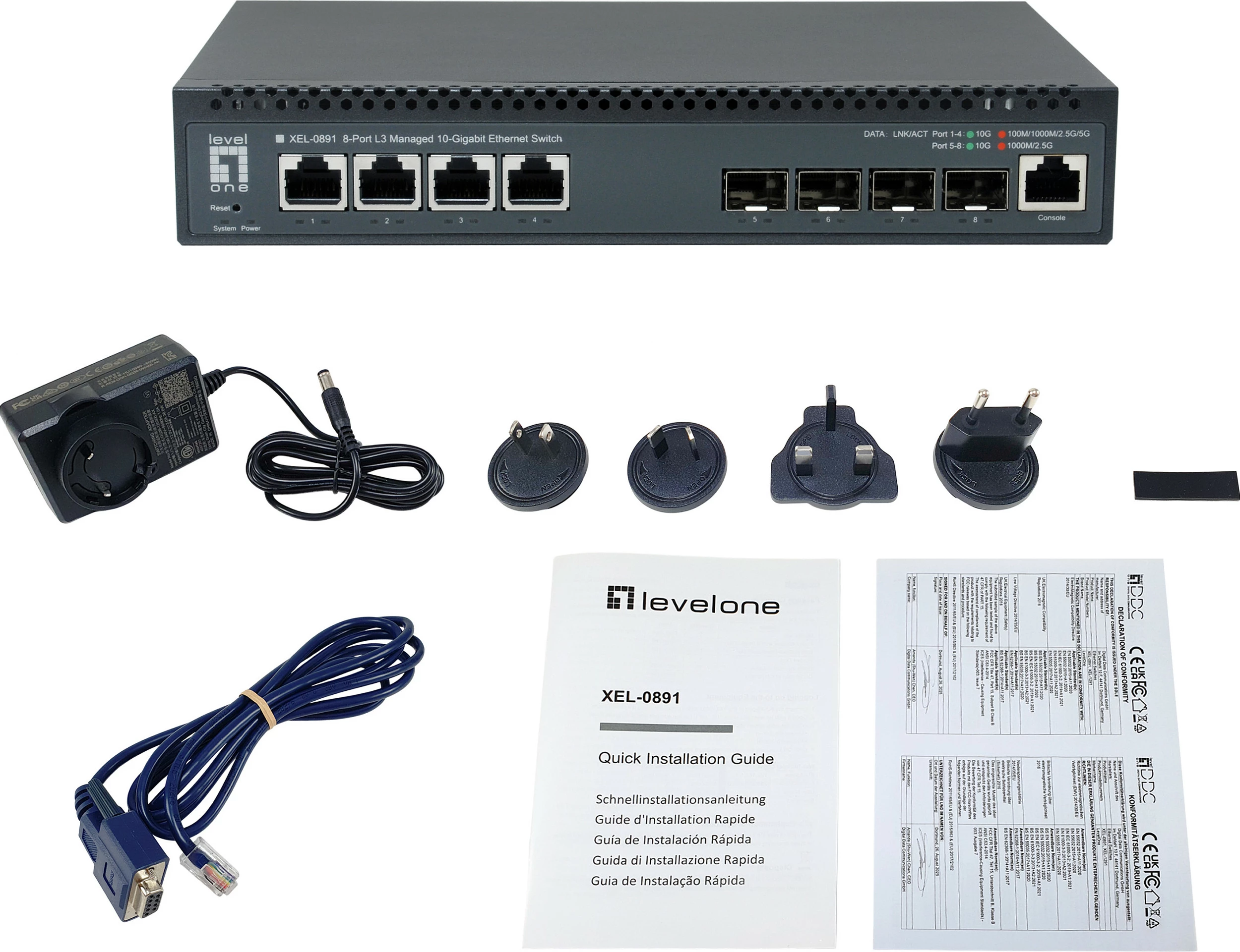 Switch Level One Managed L3 10GbE, 4x RJ-45 10G + 4x SFP+ 10G, gri