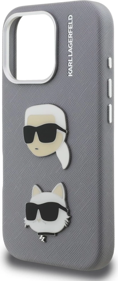 Mbështjellës Karl Lagerfeld FW Grained Karl & Choupette Heads Pins & Logo për iPhone 16 Pro, hardcase, eco-lëkurë/TPU/PC, gri