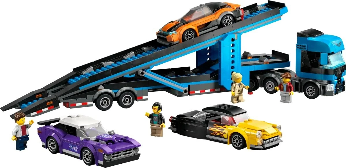 Set LEGO CITY 60408 kamion transportues makinash me makina sportive, 4 minifigura