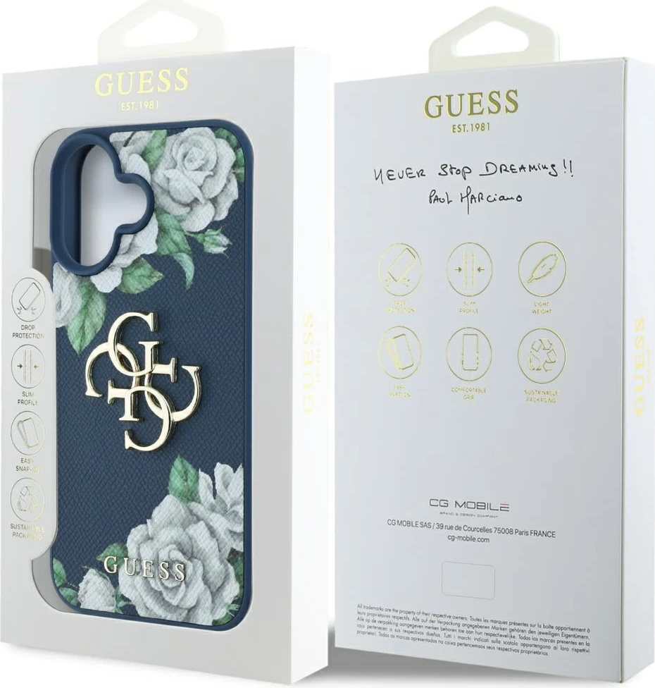 Mbështjellës Guess Grained Roses Big 4G logo për iPhone 16, Blu