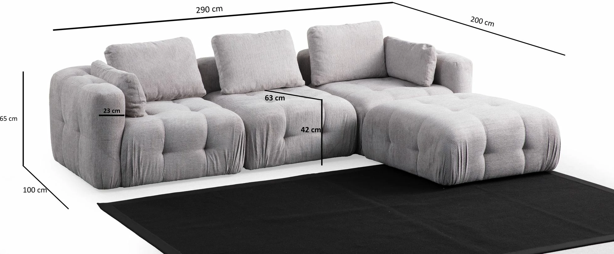 Këndare Amaris, 3 vende me pouffe, ngjyrë gri e çelët