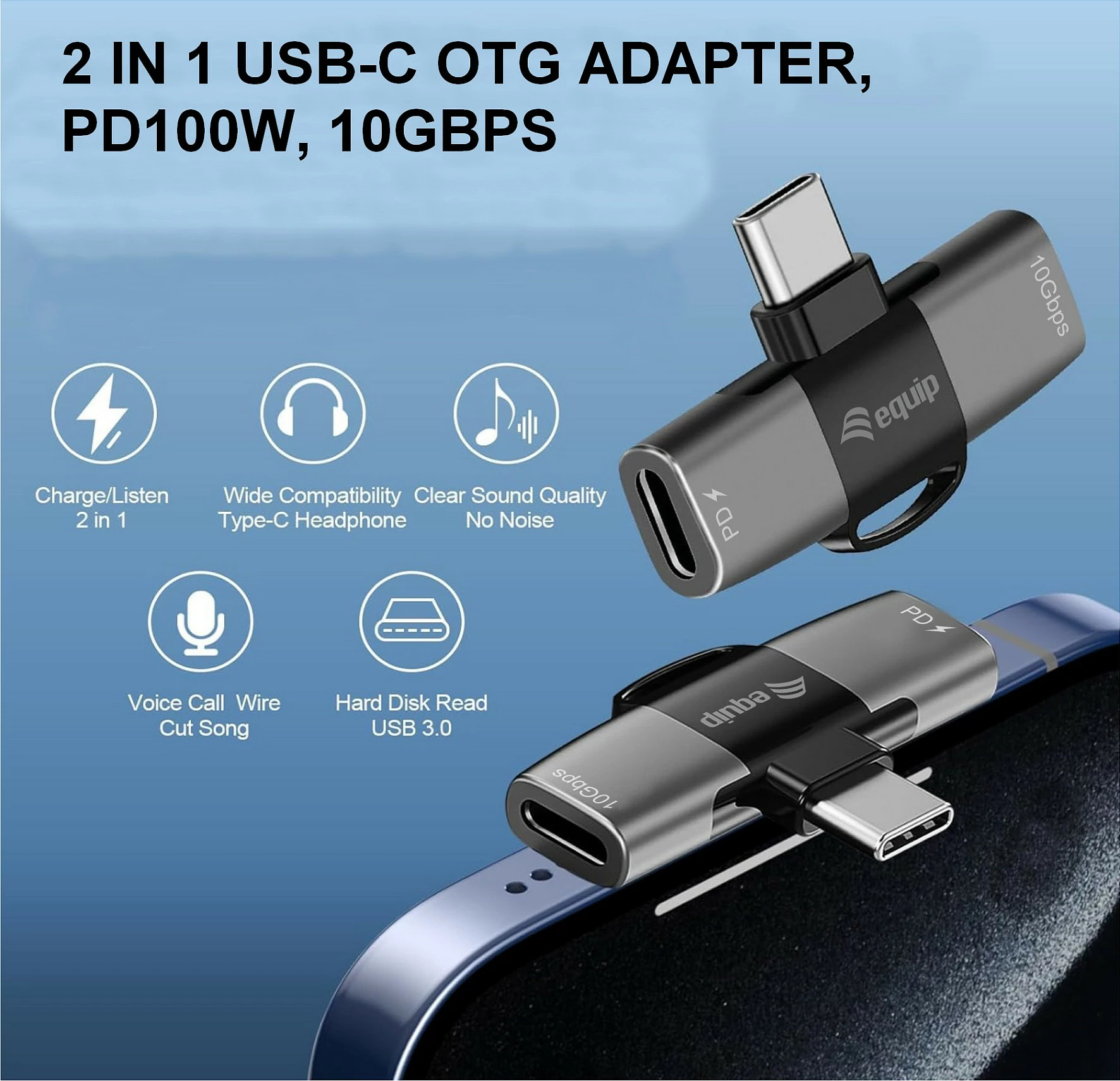 Adapter USB-C OTG Equip 133479, 2në1, PD 100W, 10Gbps, 2x USB-C, gri