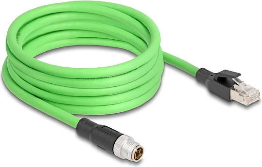 Kabllo industriale Ethernet DeLOCK M12 X-coded 8-pin mashkull në RJ45 mashkull, 5 m, PUR/TPU, e gjelbër